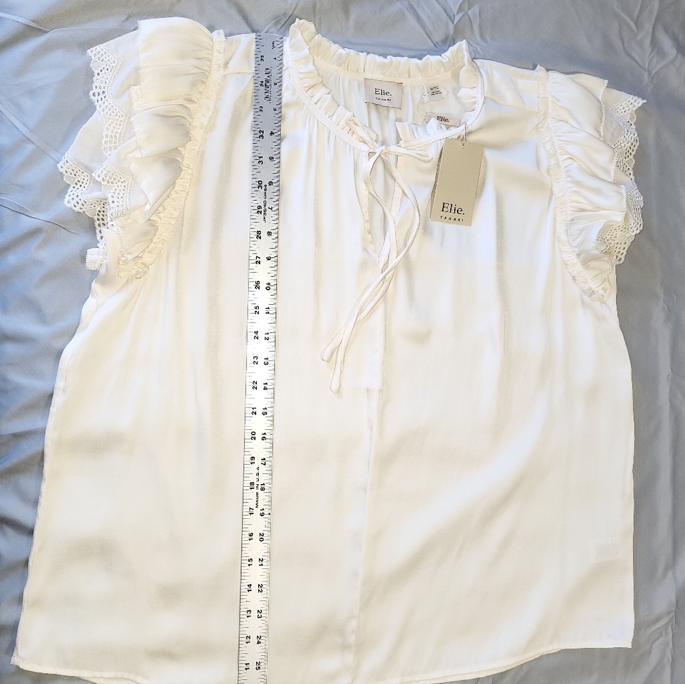 Elie Tahari Women's Cream Ruffle Sleeve Tie-Neck Top - Picture 6 of 7